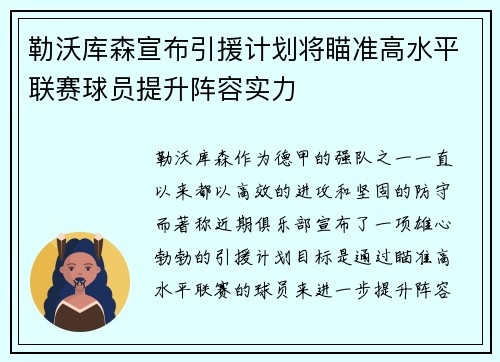 勒沃库森宣布引援计划将瞄准高水平联赛球员提升阵容实力