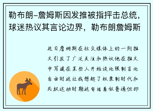 勒布朗-詹姆斯因发推被指抨击总统，球迷热议其言论边界，勒布朗詹姆斯明言