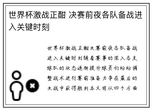 世界杯激战正酣 决赛前夜各队备战进入关键时刻