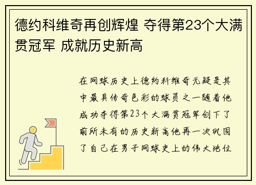 德约科维奇再创辉煌 夺得第23个大满贯冠军 成就历史新高