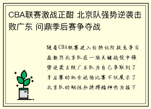 CBA联赛激战正酣 北京队强势逆袭击败广东 问鼎季后赛争夺战
