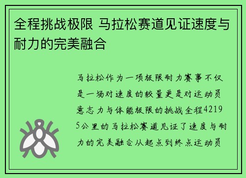 全程挑战极限 马拉松赛道见证速度与耐力的完美融合